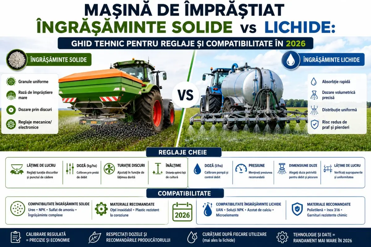 Mașină de Împrăștiat Îngrășăminte Solide vs Lichide: Ghid Tehnic pentru Reglaje și Compatibilitate în 2026