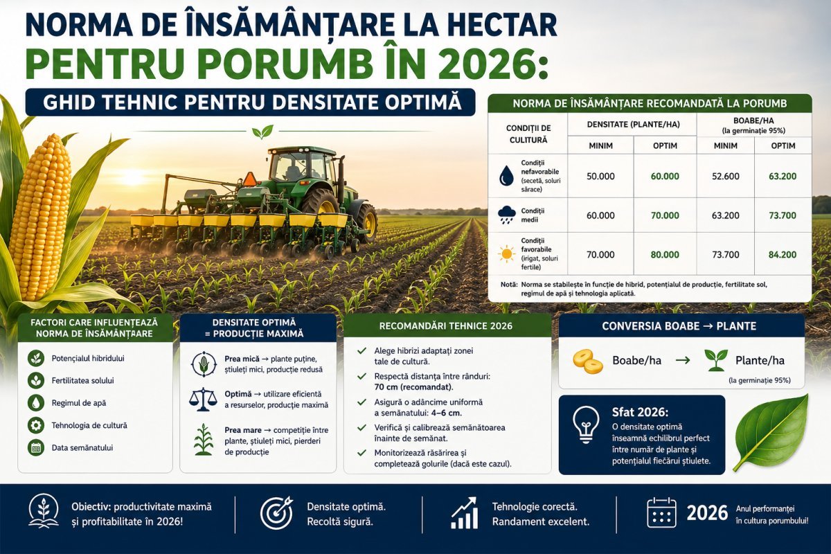 Norma de însămânțare la hectar pentru porumb în 2026: Ghid tehnic pentru densitate optimă