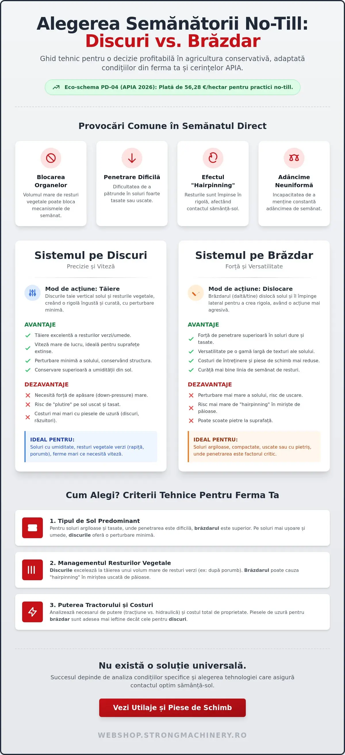 Semănătoare pe discuri vs pe brăzdar pentru no-till: Ghid de alegere 2026